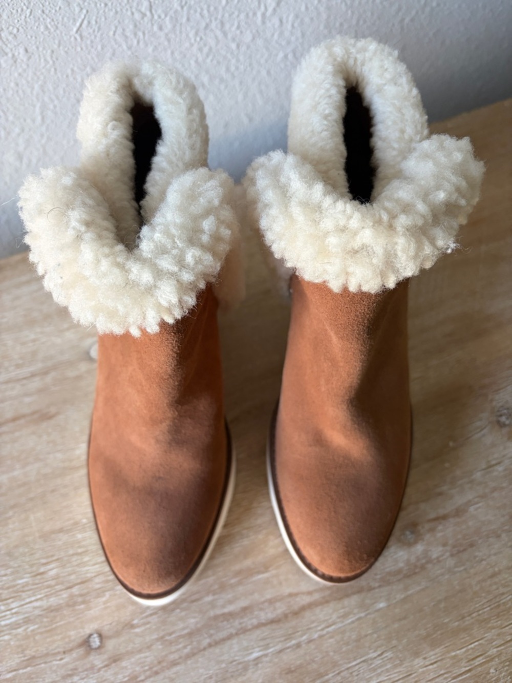 COACH Kingston Tan Suede Wedge Boot with Shearling Trim - Picture 4 of 13